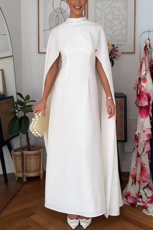 Women’s Tailored Cape Maxi Dress with Elegant High Neck and Column Silhouette