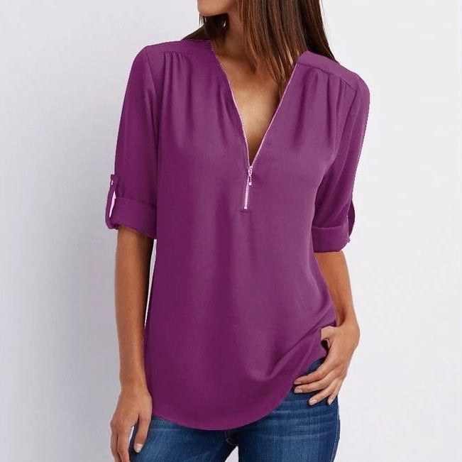 Women's Blouse Zip-Up V-Neck Roll-Tab Half Sleeve Casual Tunic Top