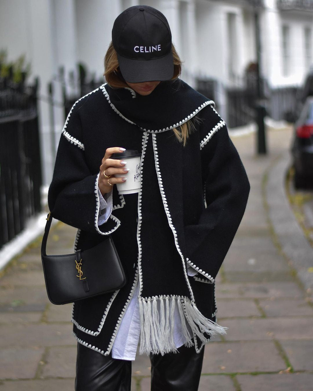 Women's Cape Coat with Contrast Trim and Fringe Detail