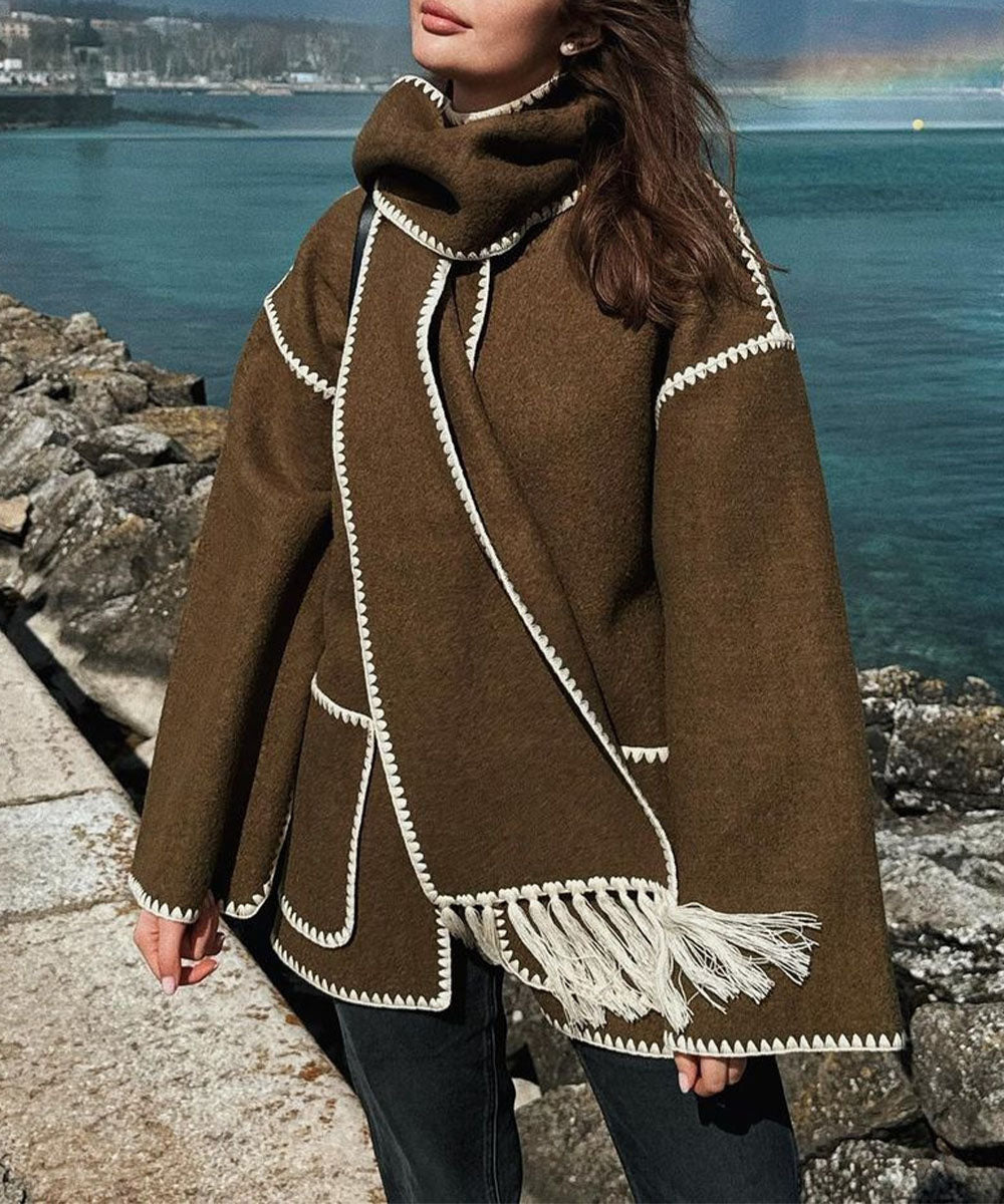 Women's Cape Coat with Contrast Trim and Fringe Detail