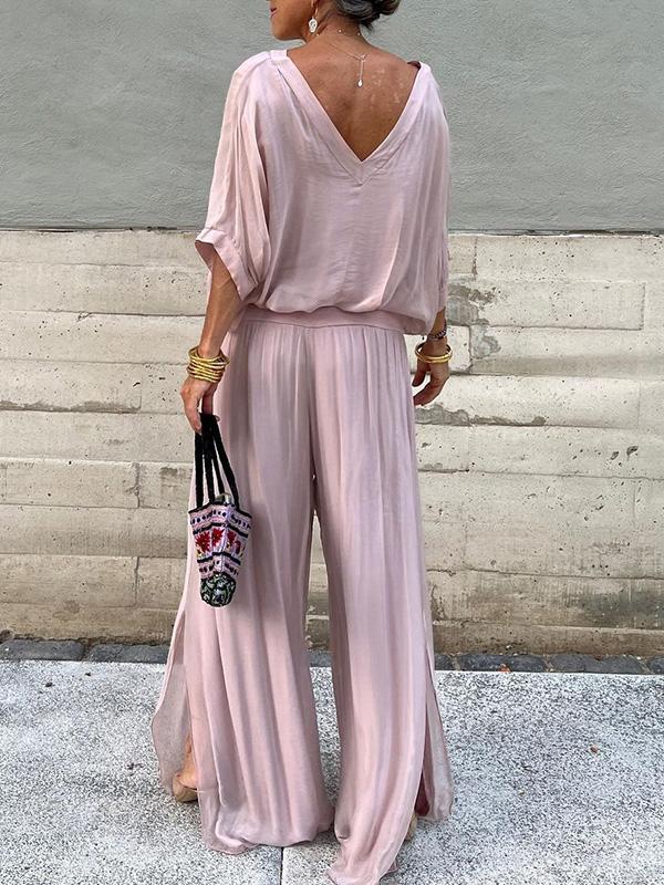 Women’s Two Piece Wide Leg Pant Set with V Neck Chiffon Tunic Top