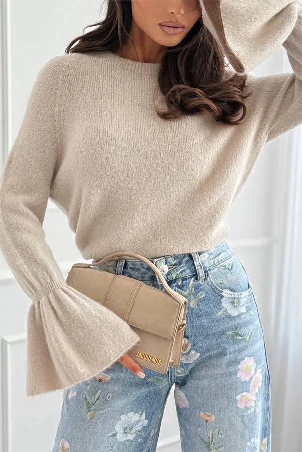 Women’s Crew Neck Sweater with Bell Sleeves and Relaxed Fit Soft Knit Texture