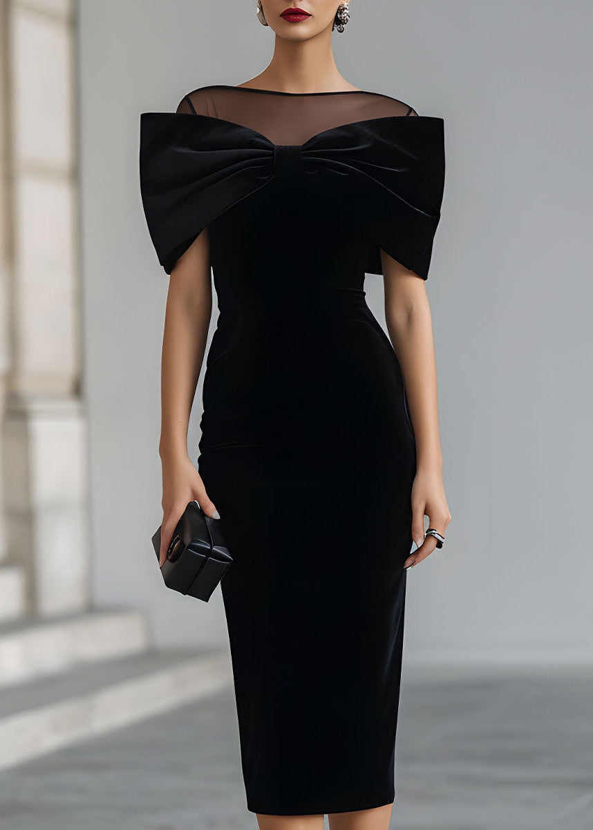 Ceylan Women's Velvet Midi Dress Dramatic Bow Neckline