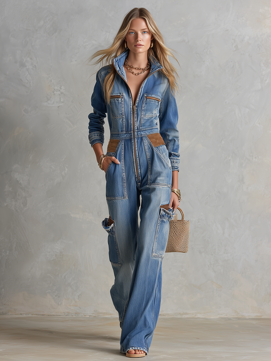 Blue Denim Jumpsuit Zip Front Drawstring Waist Wide Leg Coverall