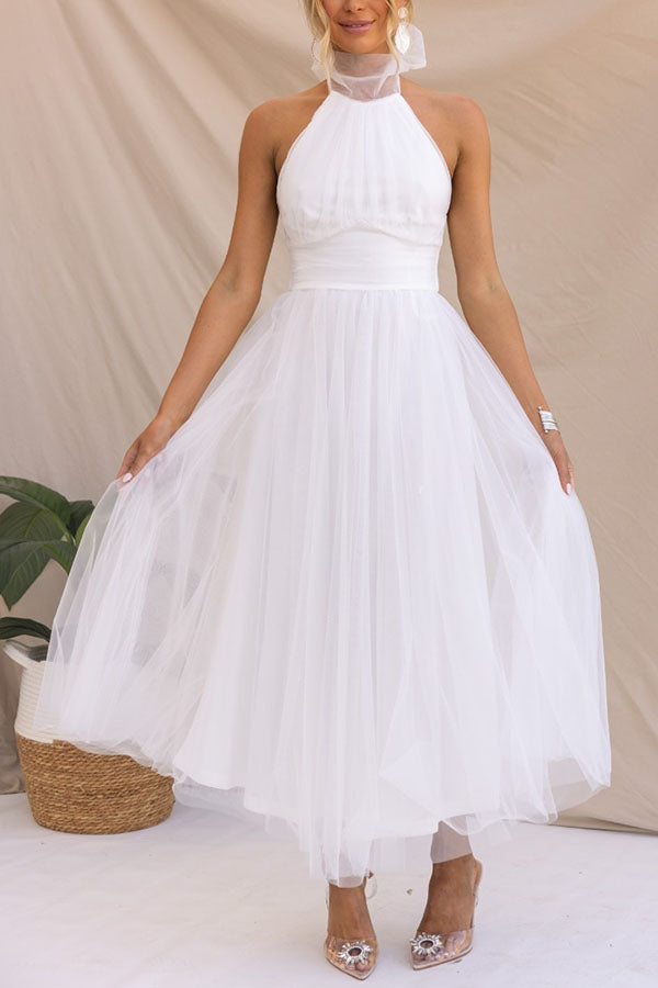 Women’s Midi Dress with Halter Neckline and Layered Tulle Skirt