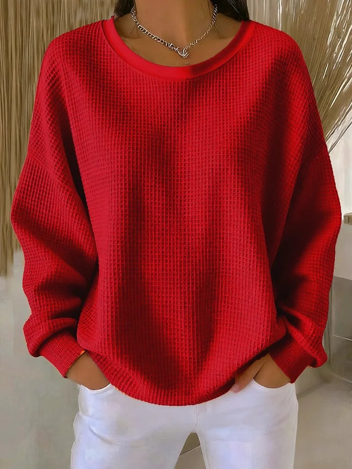 Women's Oversized Waffle Knit Dropped Shoulder Sweater With Ribbed Trim