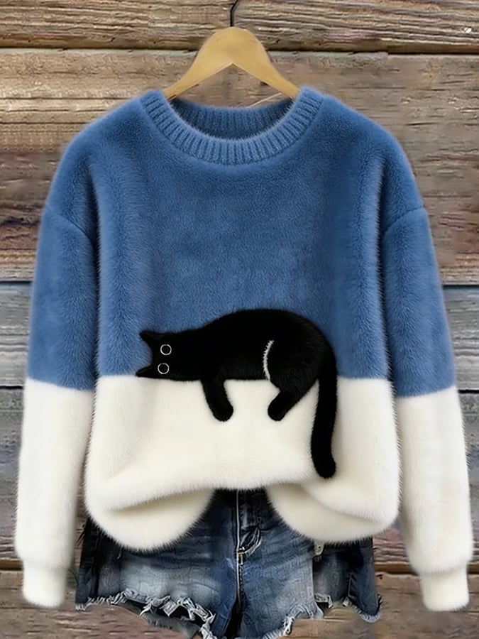 Women's Color-Block Cat Graphic Ribbed Knit Sweater