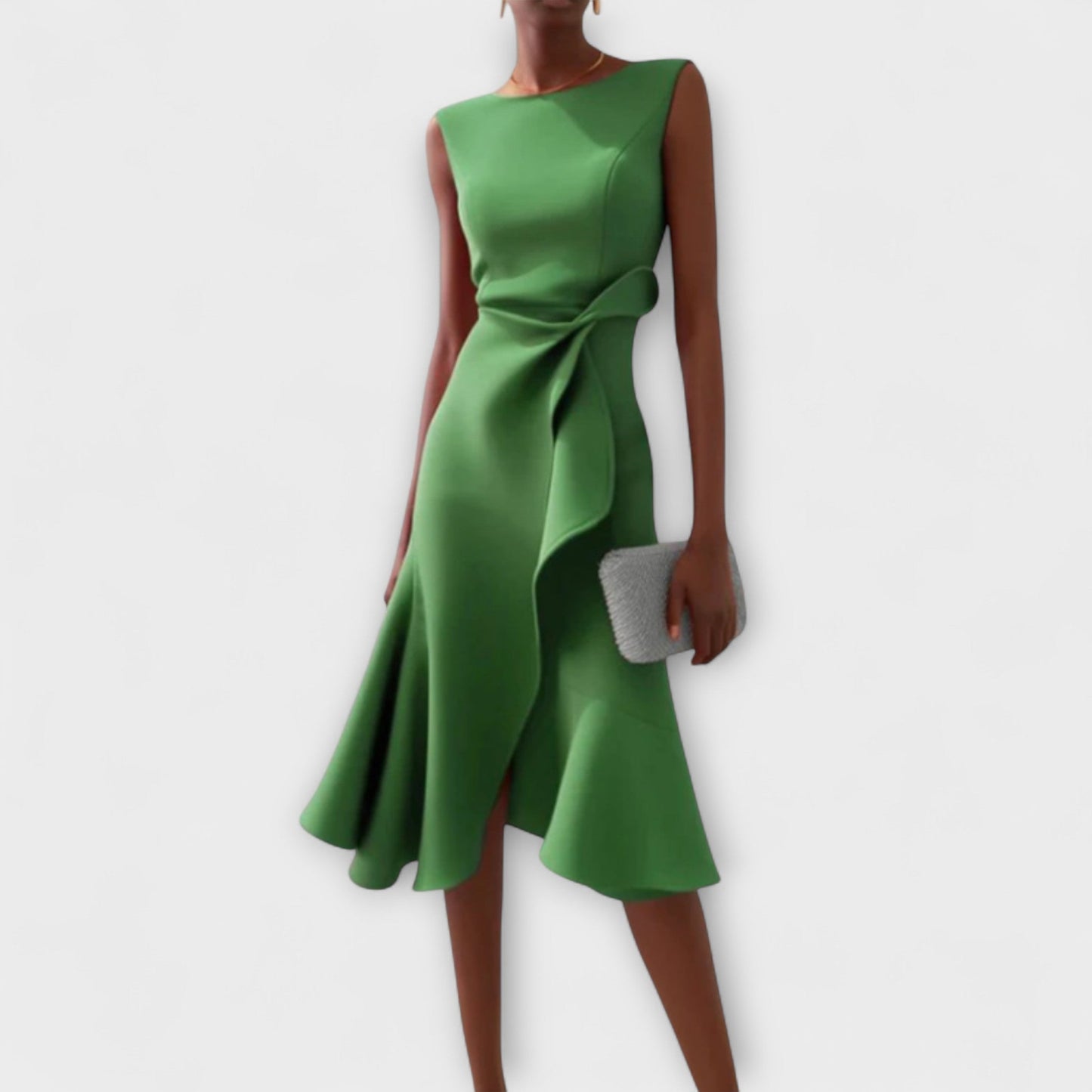 Women’s Midi Dress with Asymmetric Draped Ruffle and Sleeveless Fit