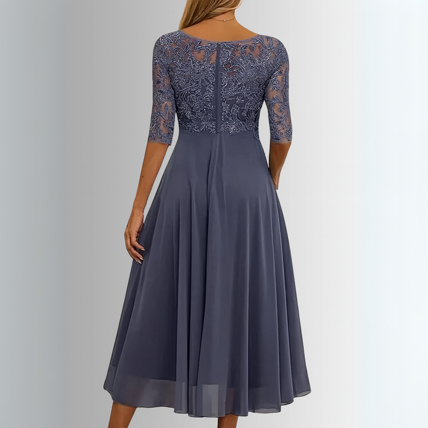 Women’s Midi Dress with Lace Appliqué Bodice and Flowing Chiffon Skirt