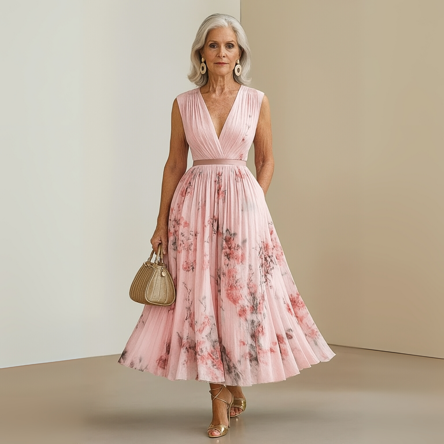 Women’s Pleated Maxi Dress V-Neck Watercolor Print Wedding Guest Gown