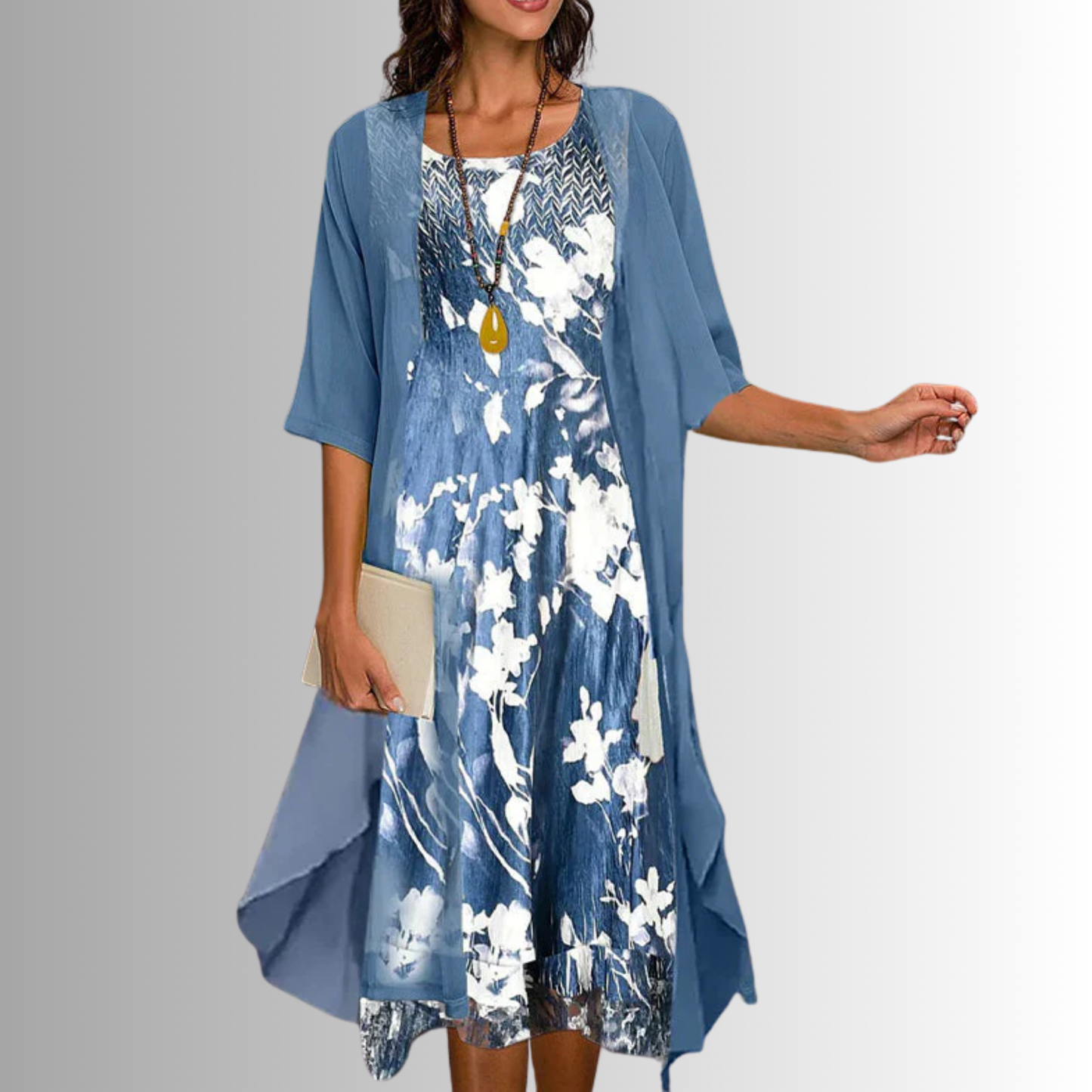 Women's 2-Piece Dress Set with Floral Print Midi and Sheer Open Front Cardigan