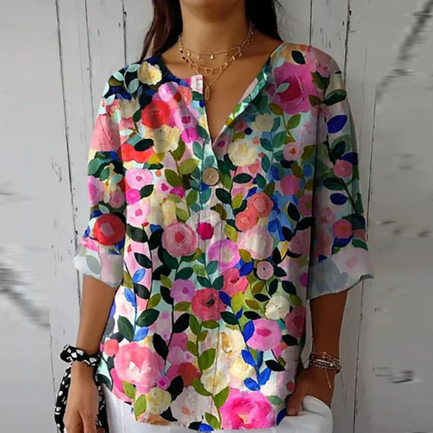 Women’s Blouse with 3/4 Sleeves and Artisanal Painterly Floral Print