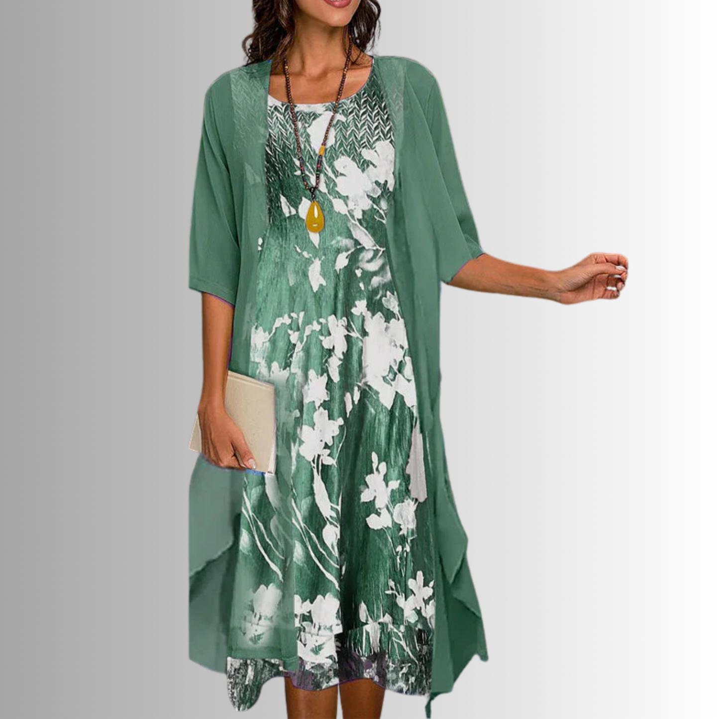 Women's 2-Piece Dress Set with Floral Print Midi and Sheer Open Front Cardigan
