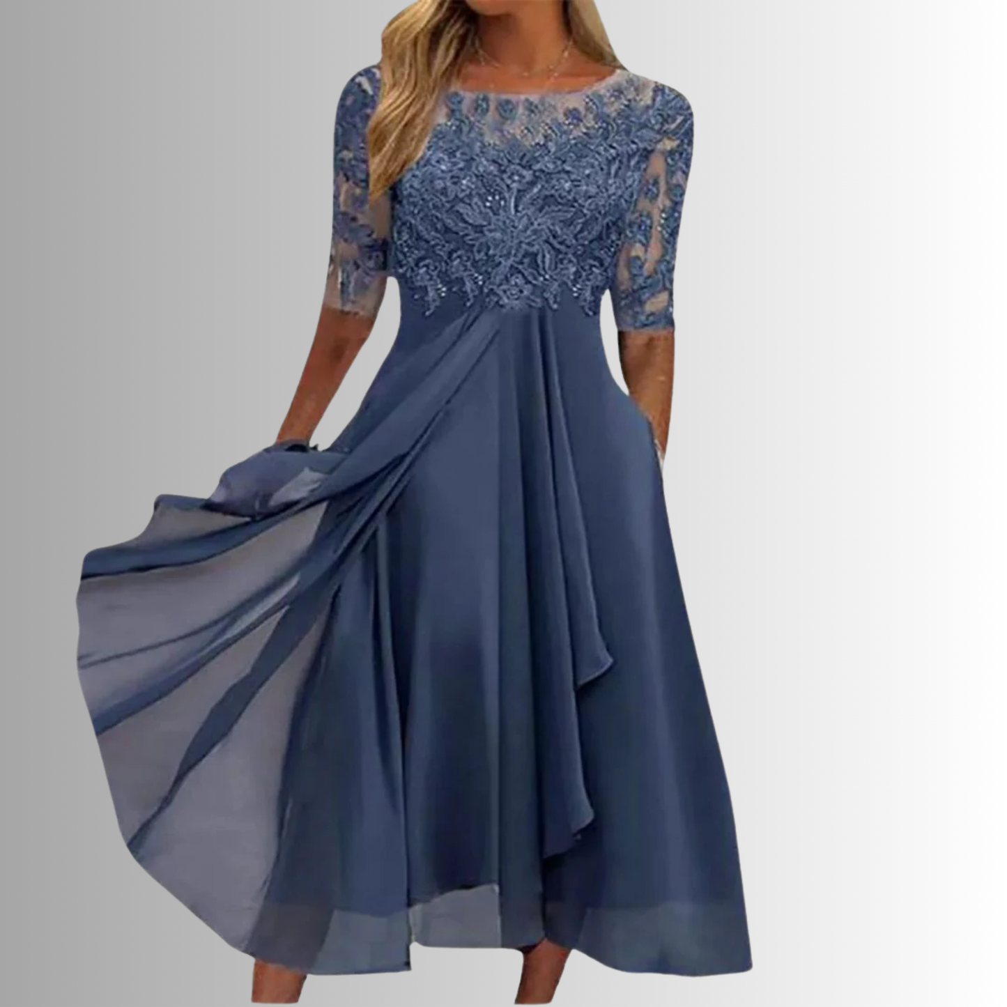 Women’s Midi Dress with Lace Appliqué Bodice and Flowing Chiffon Skirt