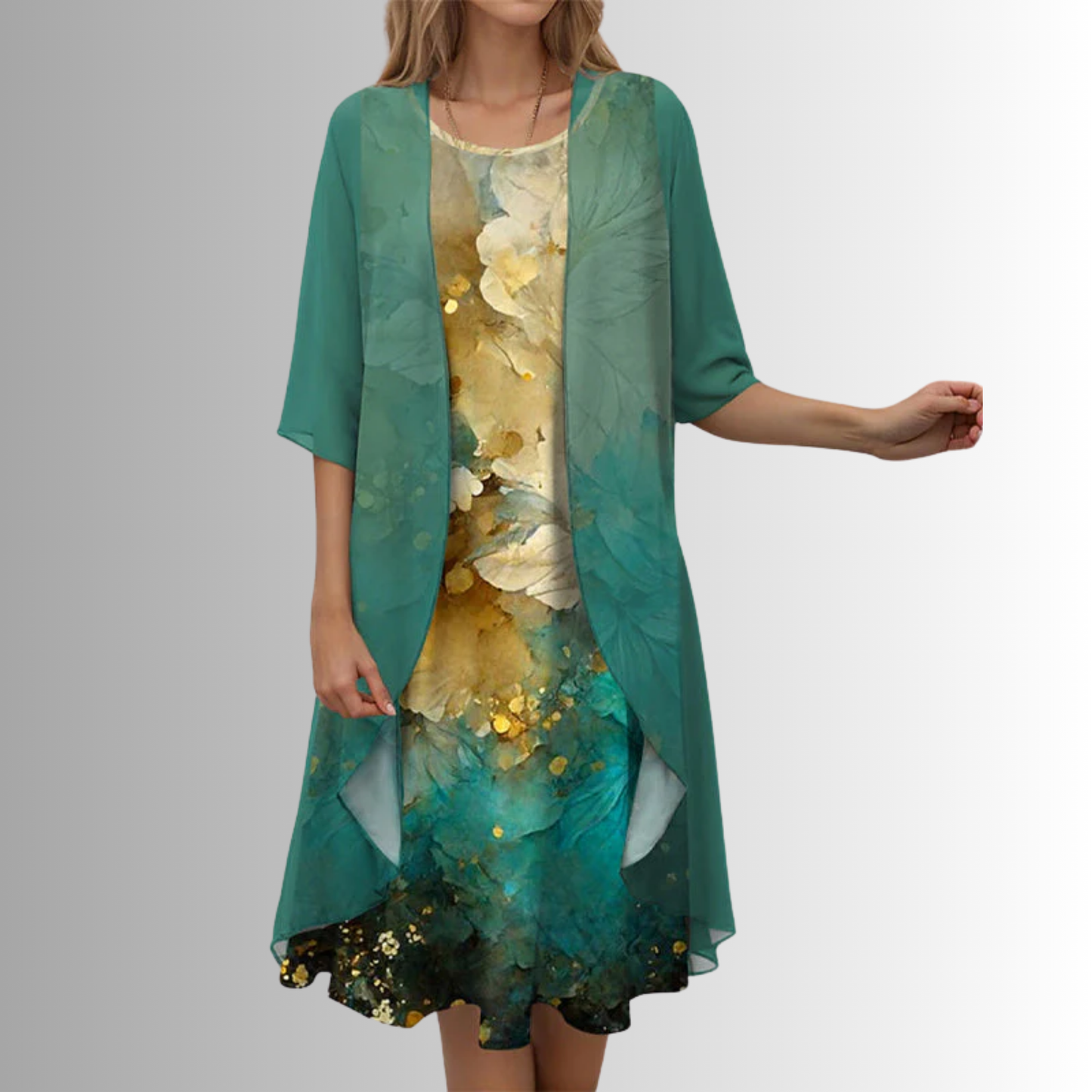 Women's 2-Piece Dress Set with Floral Print Midi and Sheer Open Front Cardigan