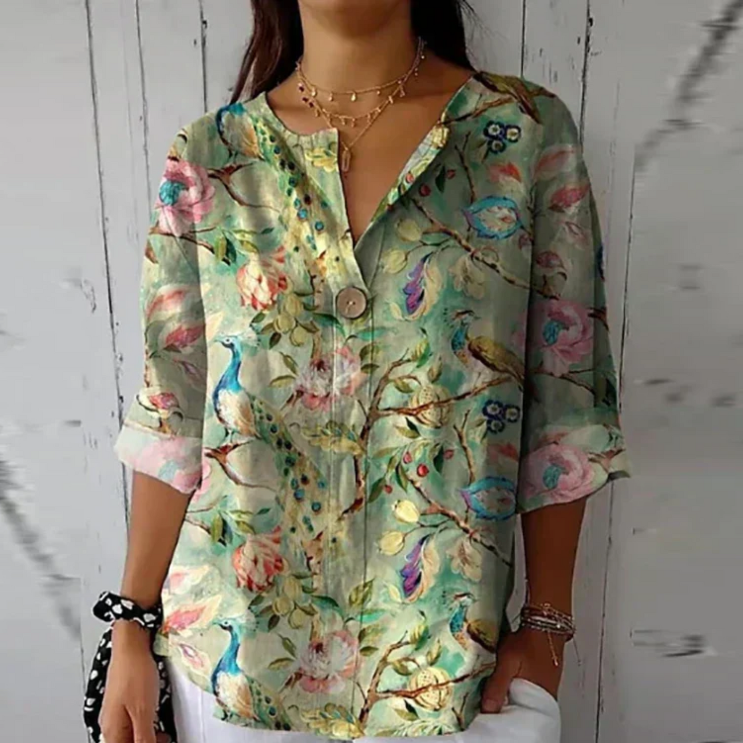 Women’s Blouse with 3/4 Sleeves and Artisanal Painterly Floral Print