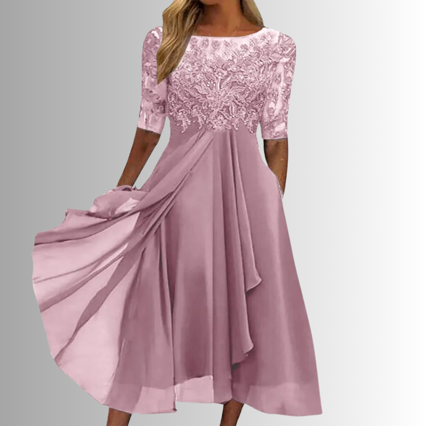 Women’s Midi Dress with Lace Appliqué Bodice and Flowing Chiffon Skirt