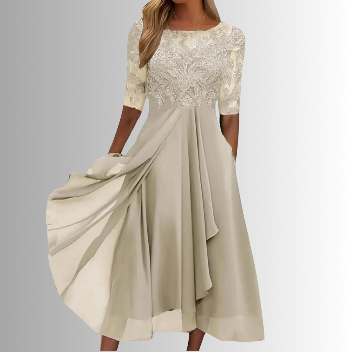 Women’s Midi Dress with Lace Appliqué Bodice and Flowing Chiffon Skirt