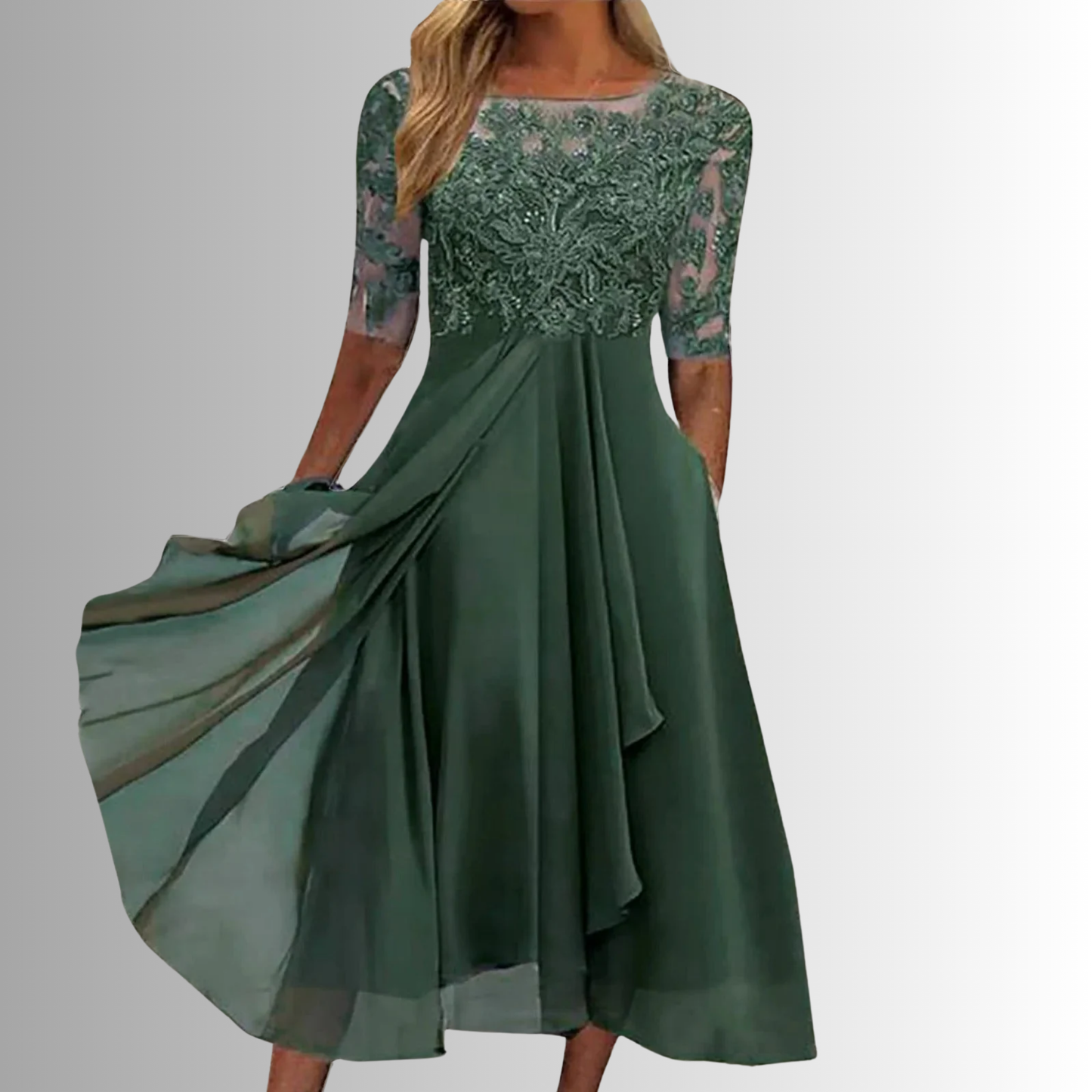 Women’s Midi Dress with Lace Appliqué Bodice and Flowing Chiffon Skirt