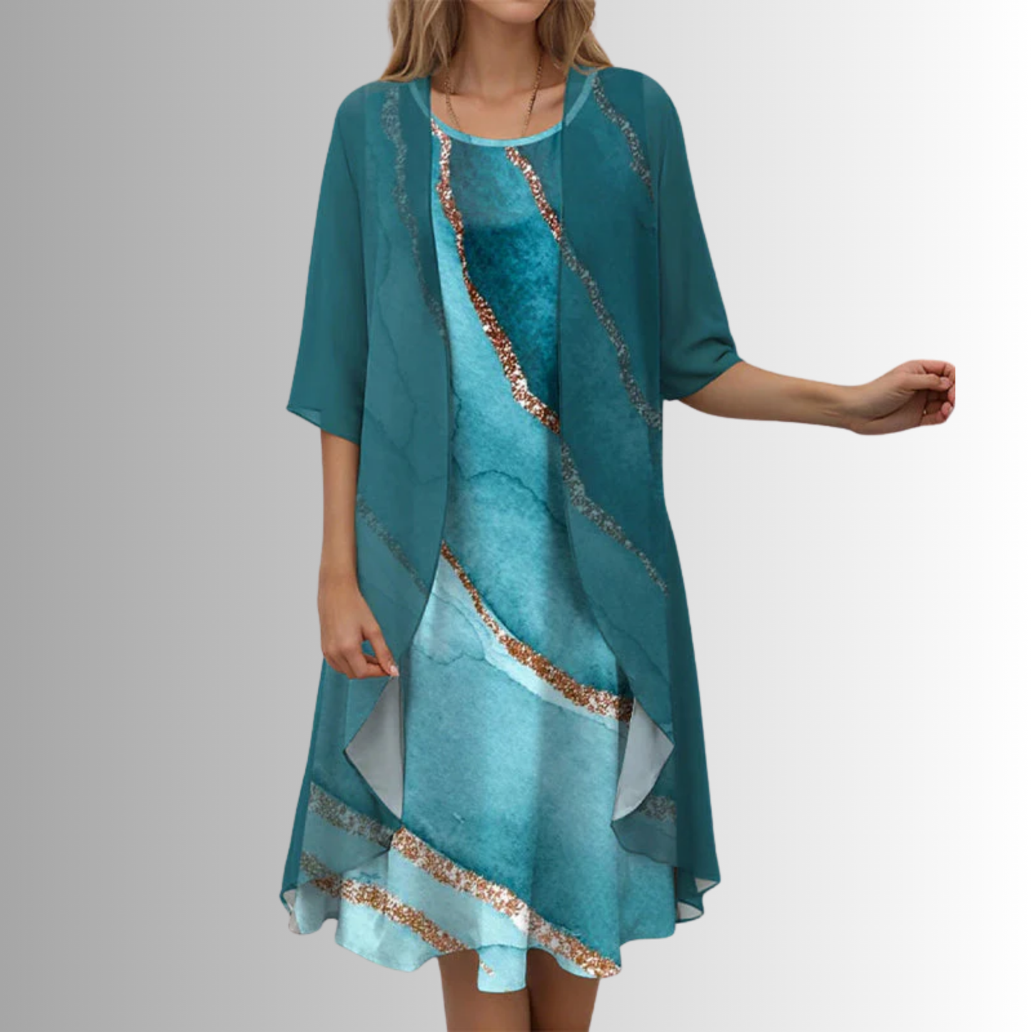 Women's 2-Piece Dress Set with Floral Print Midi and Sheer Open Front Cardigan