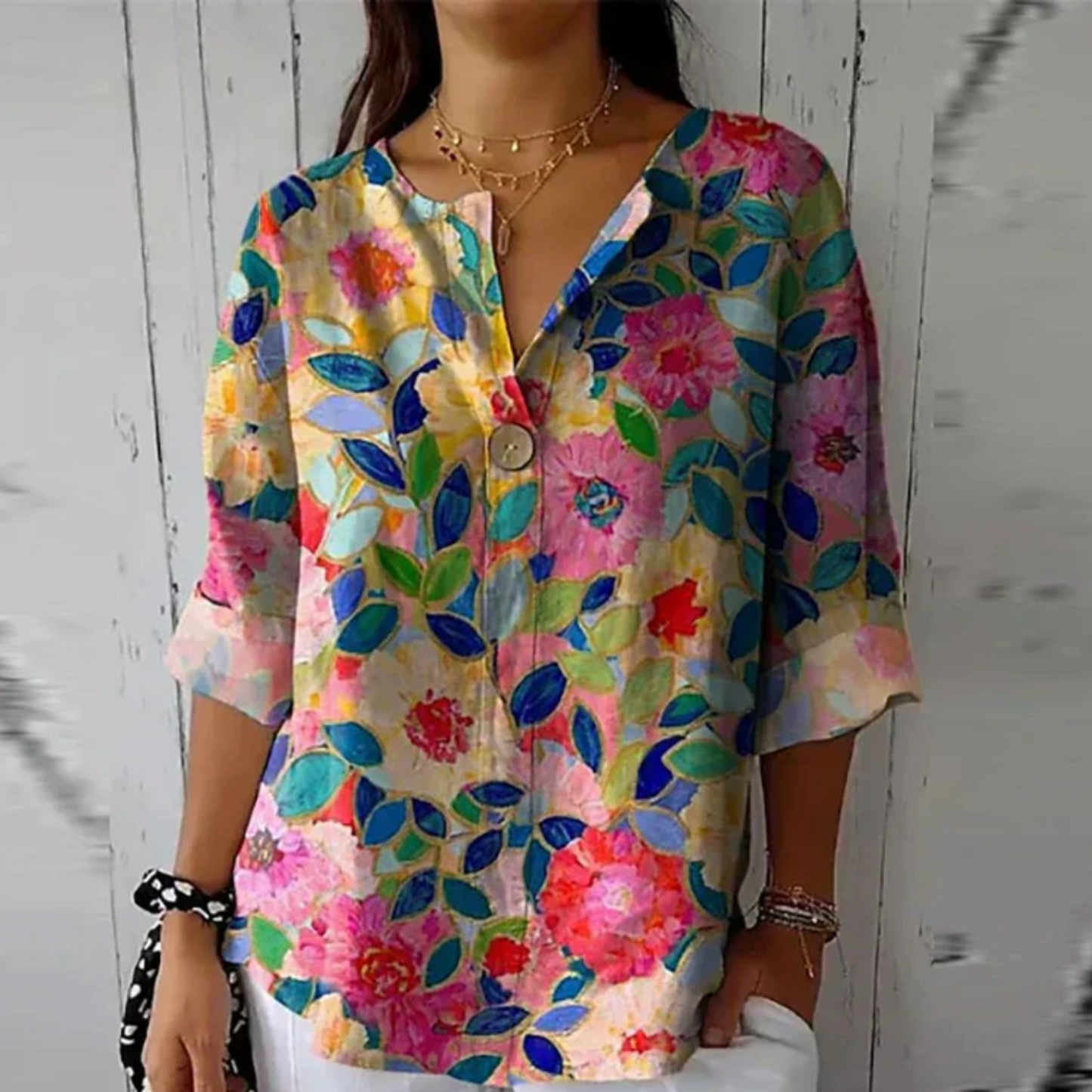 Women’s Blouse with 3/4 Sleeves and Artisanal Painterly Floral Print
