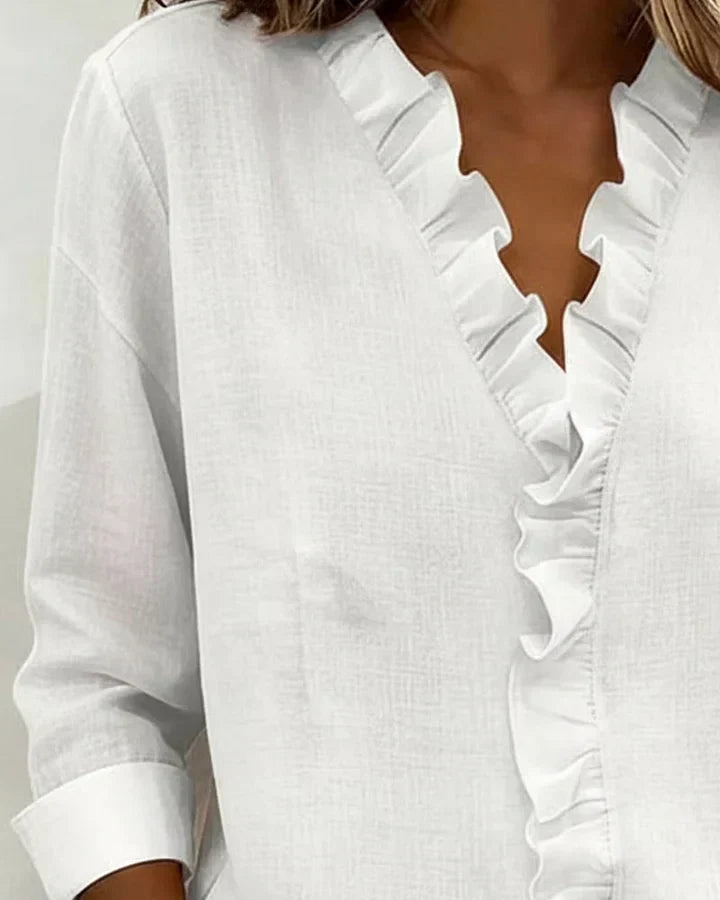 Women's Linen Ruffle-Trim Button-Front Blouse With Roll-Up Sleeves