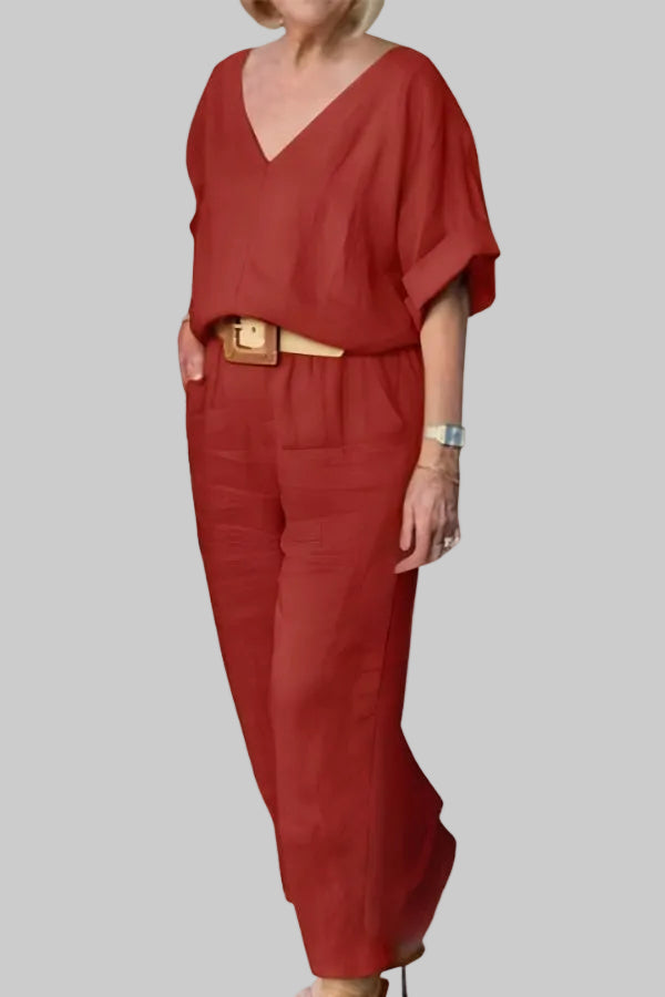 Women’s 2-Piece Set with V-Neck Batwing Top and Straight Leg Pants