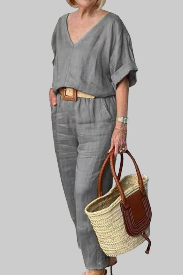 Women’s 2-Piece Set with V-Neck Batwing Top and Straight Leg Pants