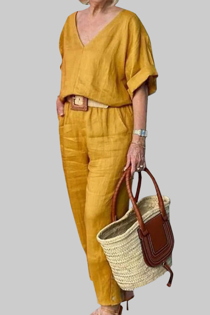 Women’s 2-Piece Set with V-Neck Batwing Top and Straight Leg Pants