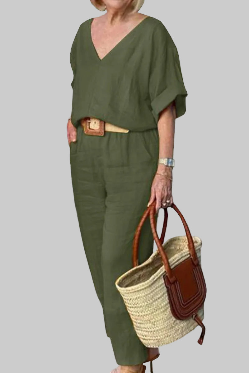Women’s 2-Piece Set with V-Neck Batwing Top and Straight Leg Pants