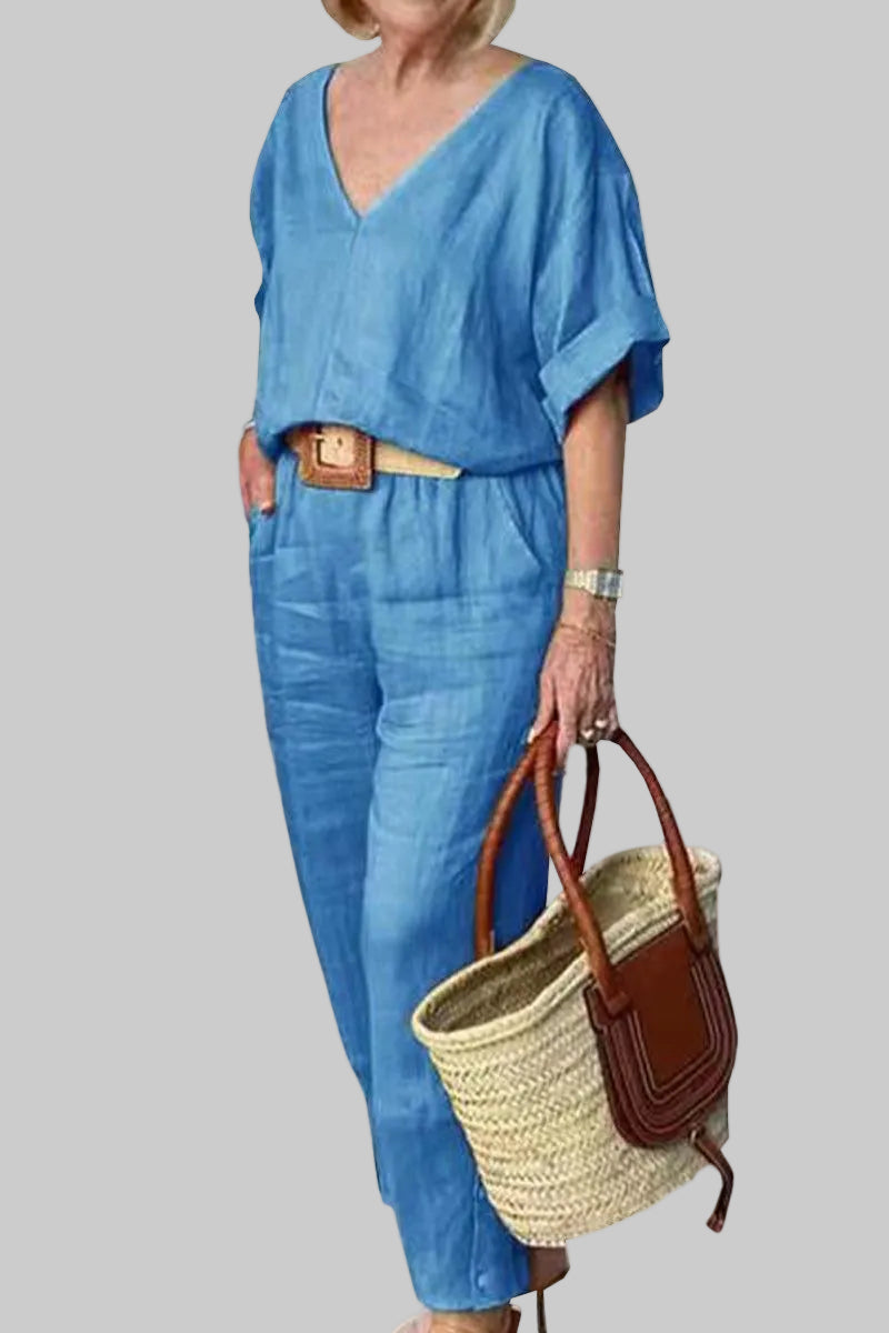 Women’s 2-Piece Set with V-Neck Batwing Top and Straight Leg Pants