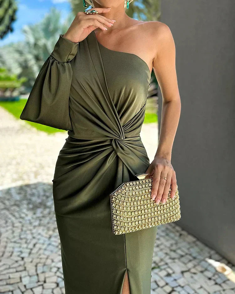 Women’s One-Shoulder Satin Maxi Dress Twisted Waist High Slit Wedding Guest Gown
