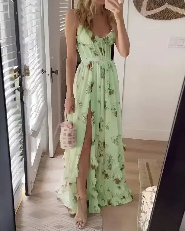 Women’s Floral Maxi Dress Corset Bodice High Slit Wedding Guest Gown