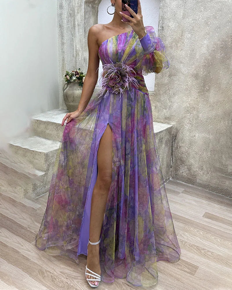 Women¡¯s Maxi Dress with One-Shoulder Bodice and Floral Tulle Overlay