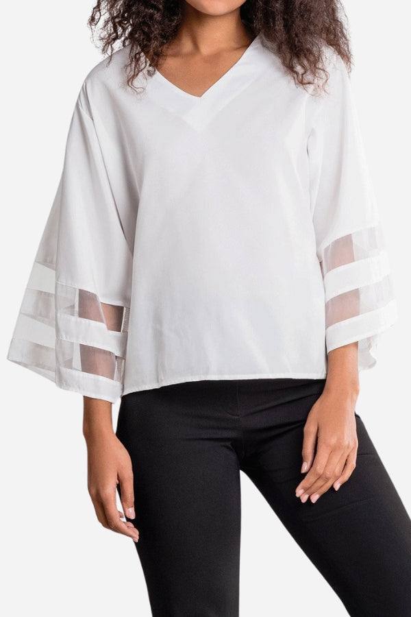 Women’s Blouse with V-Neckline and Mesh Panel Bell Sleeves