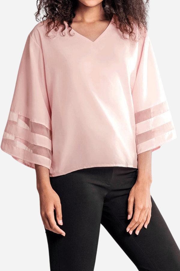 Women’s Blouse with V-Neckline and Mesh Panel Bell Sleeves