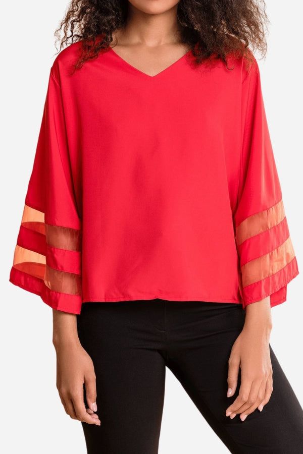 Women’s Blouse with V-Neckline and Mesh Panel Bell Sleeves