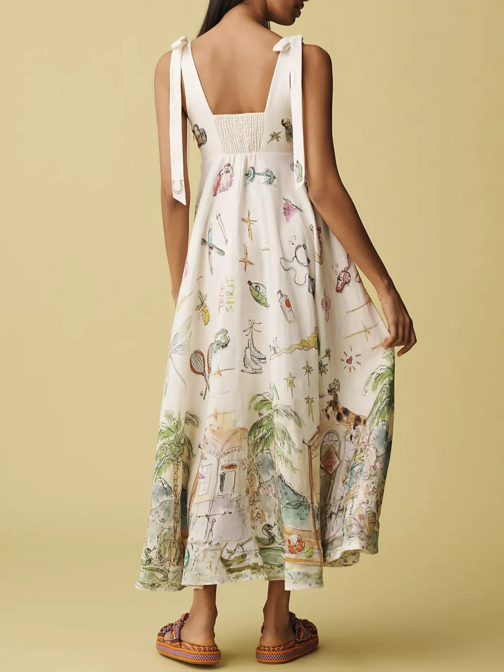 Women’s Midi Dress with Self-Tie Shoulder Straps and Painted Scenery Print