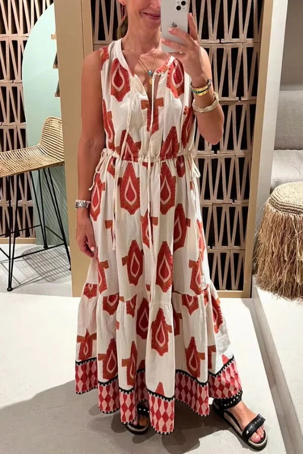 Women’s Maxi Dress with Shoulder Tie Straps and Tiered A-Line Silhouette