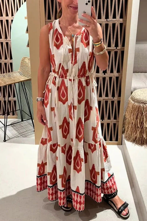 Women’s Maxi Dress with Shoulder Tie Straps and Tiered A-Line Silhouette