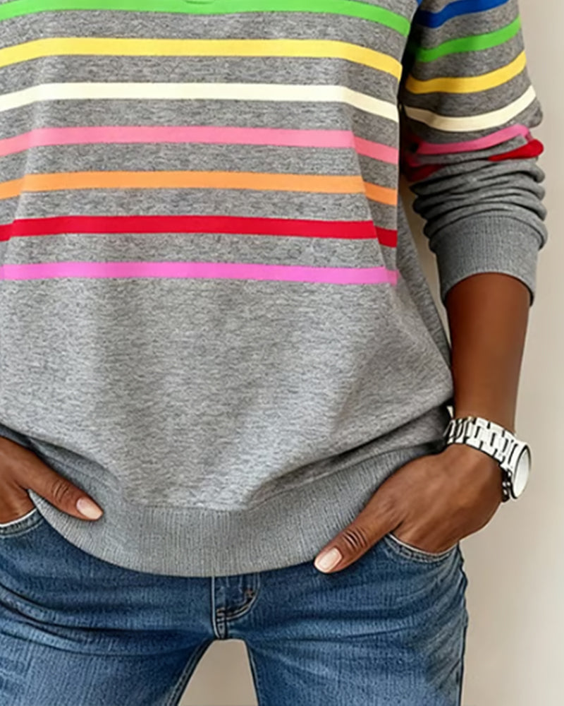 Women's Striped Zip-Neck Knit Sweater With Long Sleeves
