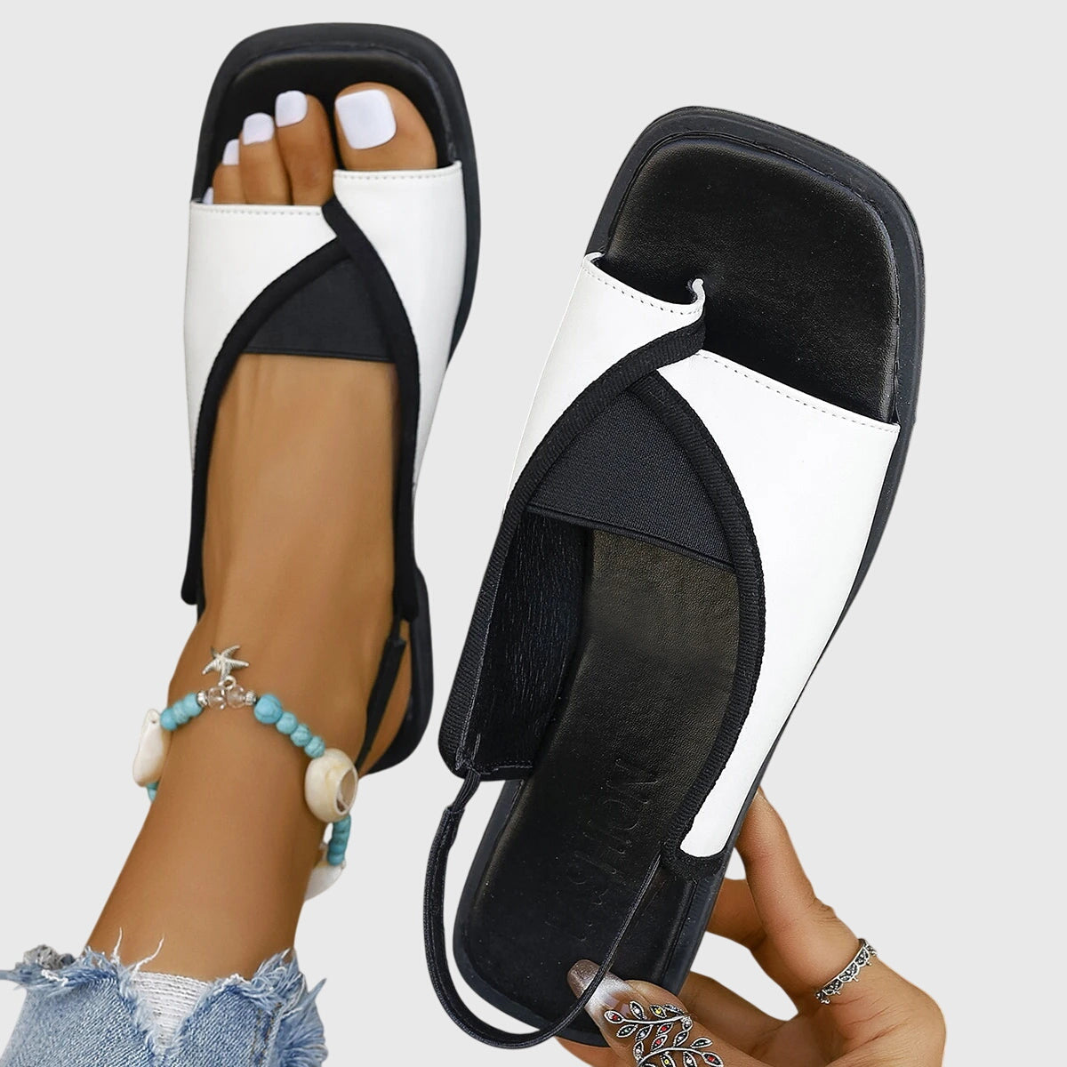 Women’s Slingback Flat Sandals with Square Toe and Contrast Cross Straps