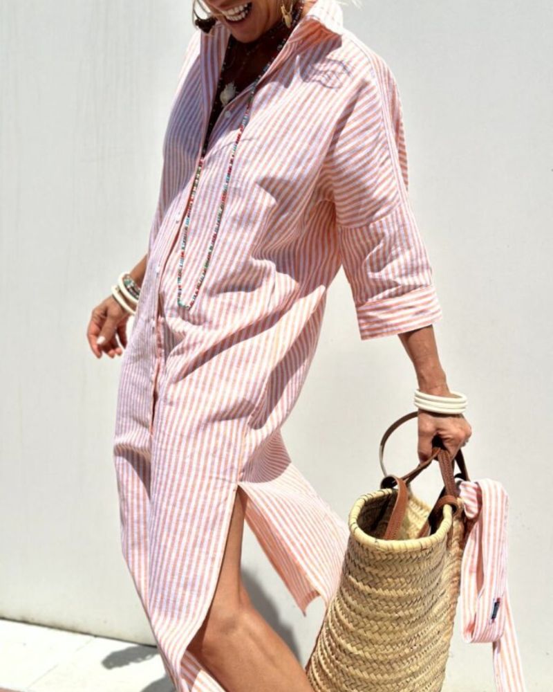 Women¡¯s Striped Midi Shirt Dress with Button Down Front and Side Slits