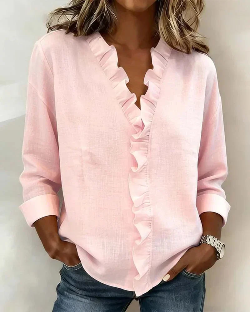 Women's Linen Ruffle-Trim Button-Front Blouse With Roll-Up Sleeves