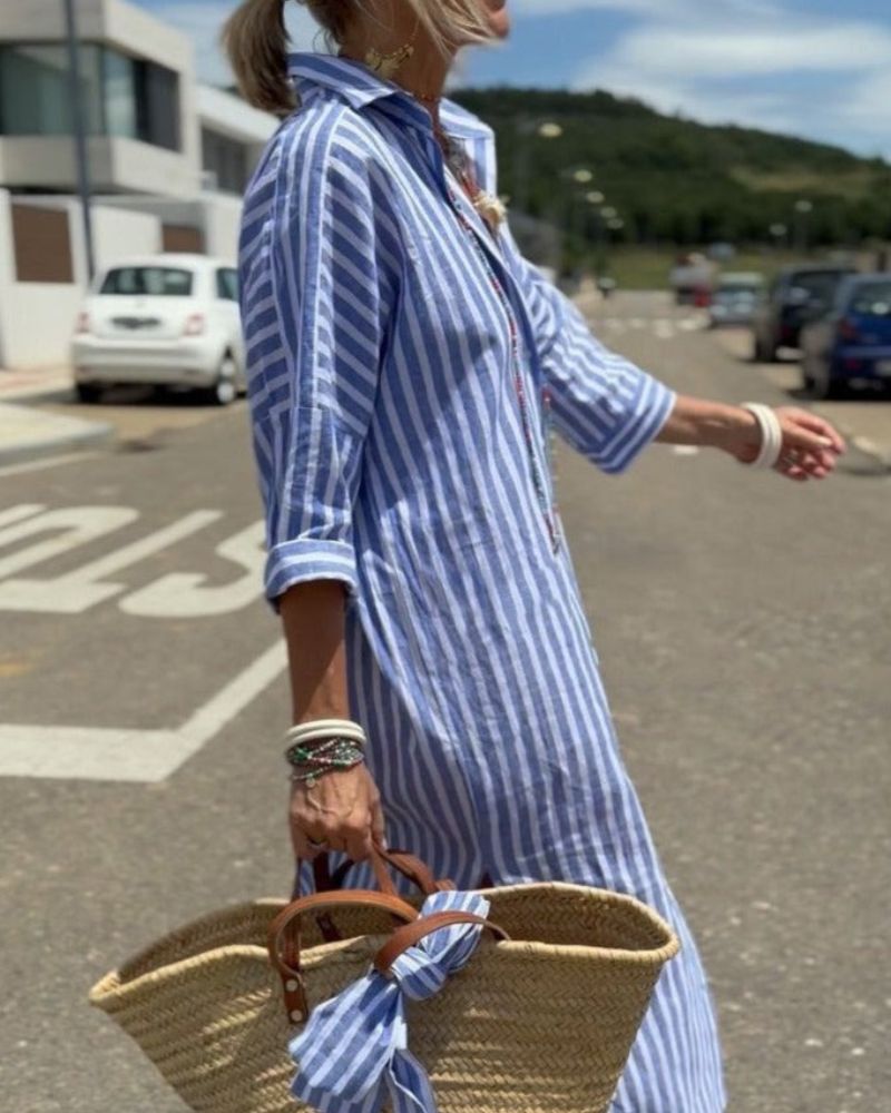 Women¡¯s Striped Midi Shirt Dress with Button Down Front and Side Slits