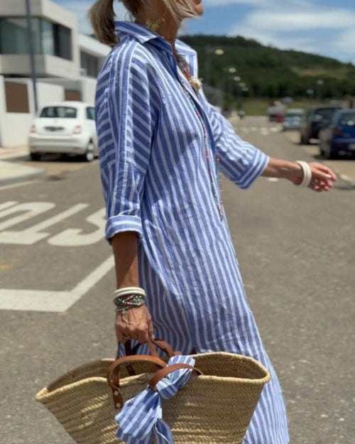 Women¡¯s Striped Midi Shirt Dress with Button Down Front and Side Slits