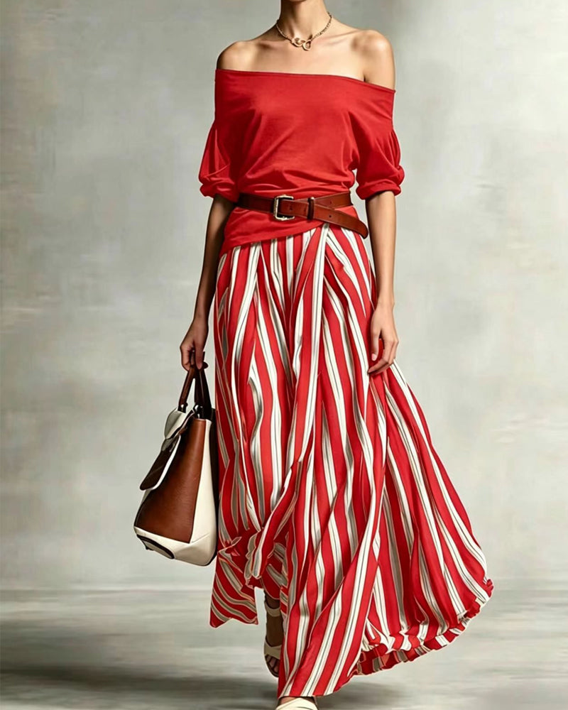 Women's Striped Maxi Skirt Set with Off-Shoulder Top for Effortless Style