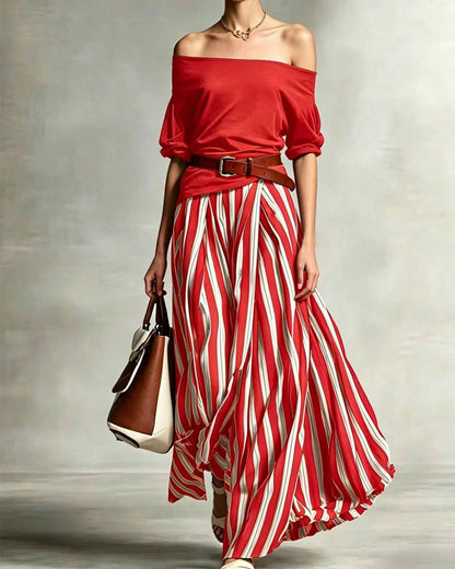 Women's Striped Maxi Skirt Set with Off-Shoulder Top for Effortless Style