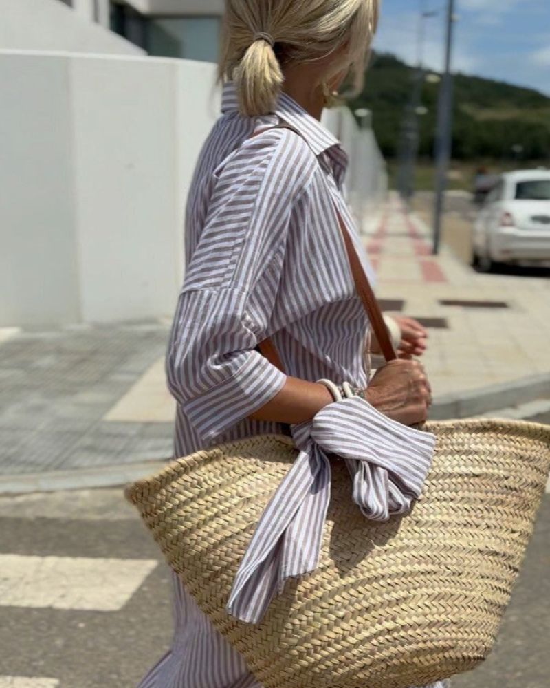 Women¡¯s Striped Midi Shirt Dress with Button Down Front and Side Slits