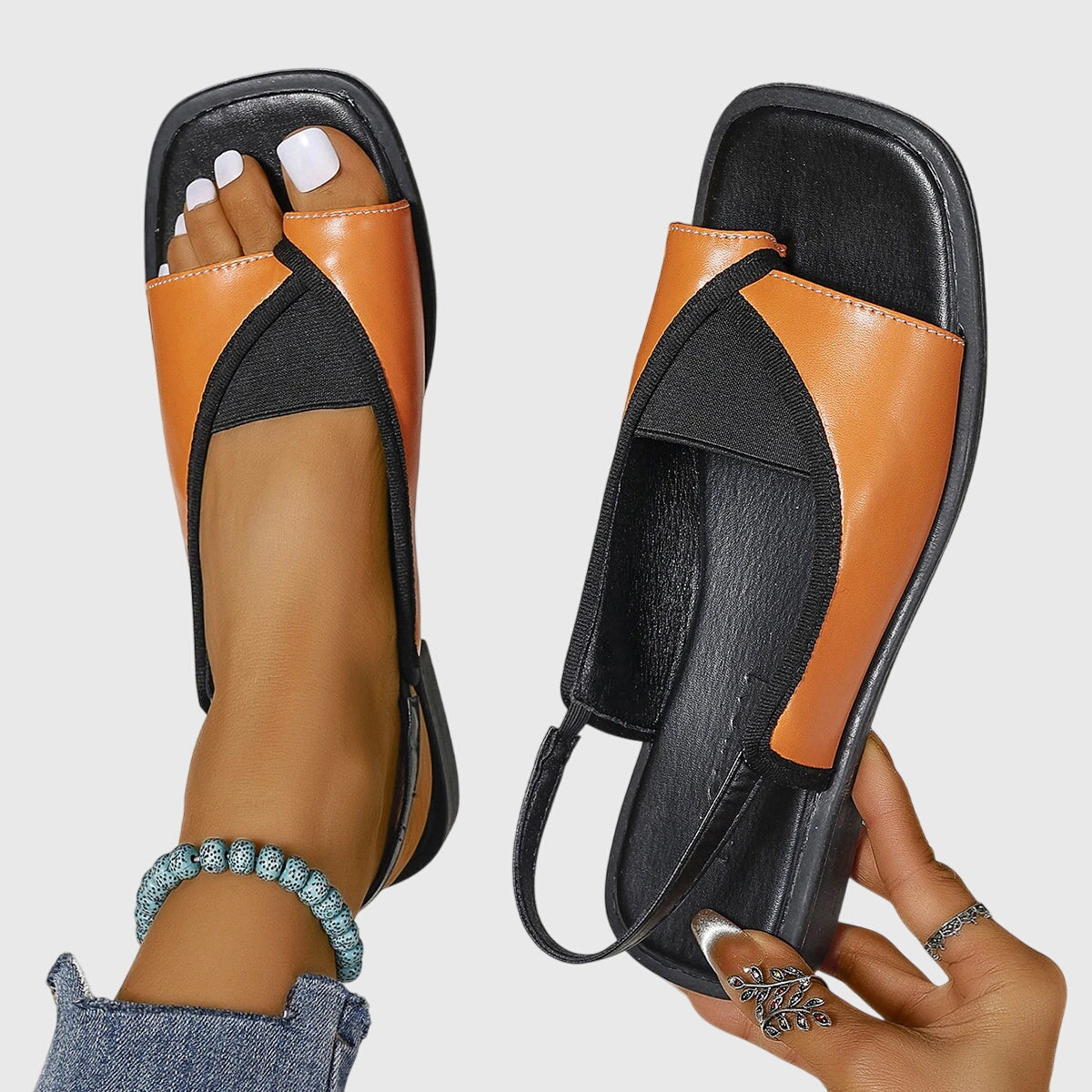 Women’s Slingback Flat Sandals with Square Toe and Contrast Cross Straps
